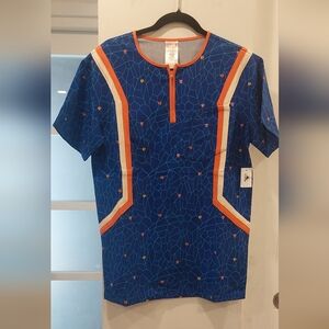 Marvel Orange and Blue Short Sleeve Tee with Bold Geometric Accents